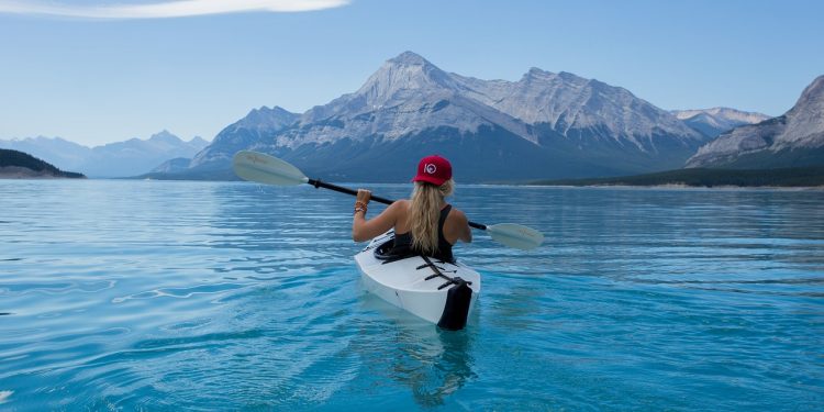 girl, kayak, lake